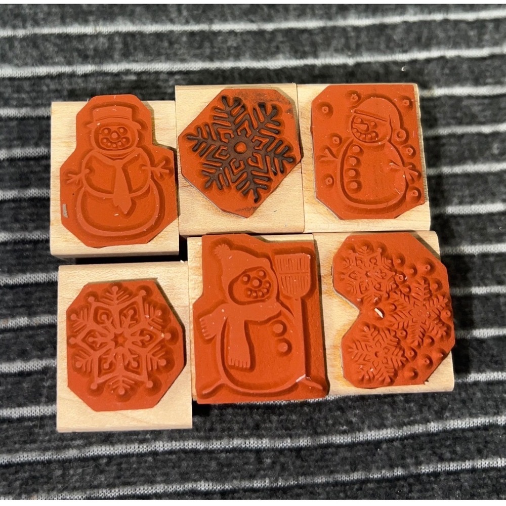 Hero Arts Snowmen & Snowflakes Wood Block Rubber‎ Stamp Set 6pc Vintage 2000